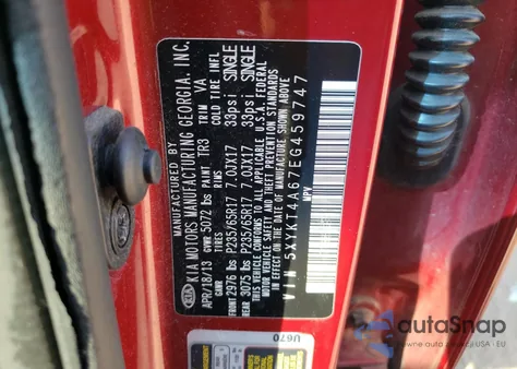 2014 Kia Sorento Lx из США, поврежденный, VIN 5XYKT4A67EG459747